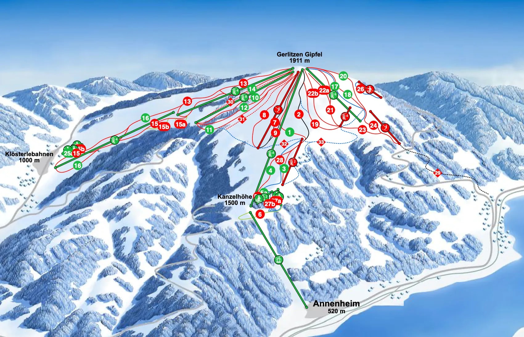 Pistenpanorama und geöffnete Lifte Gerlitzen